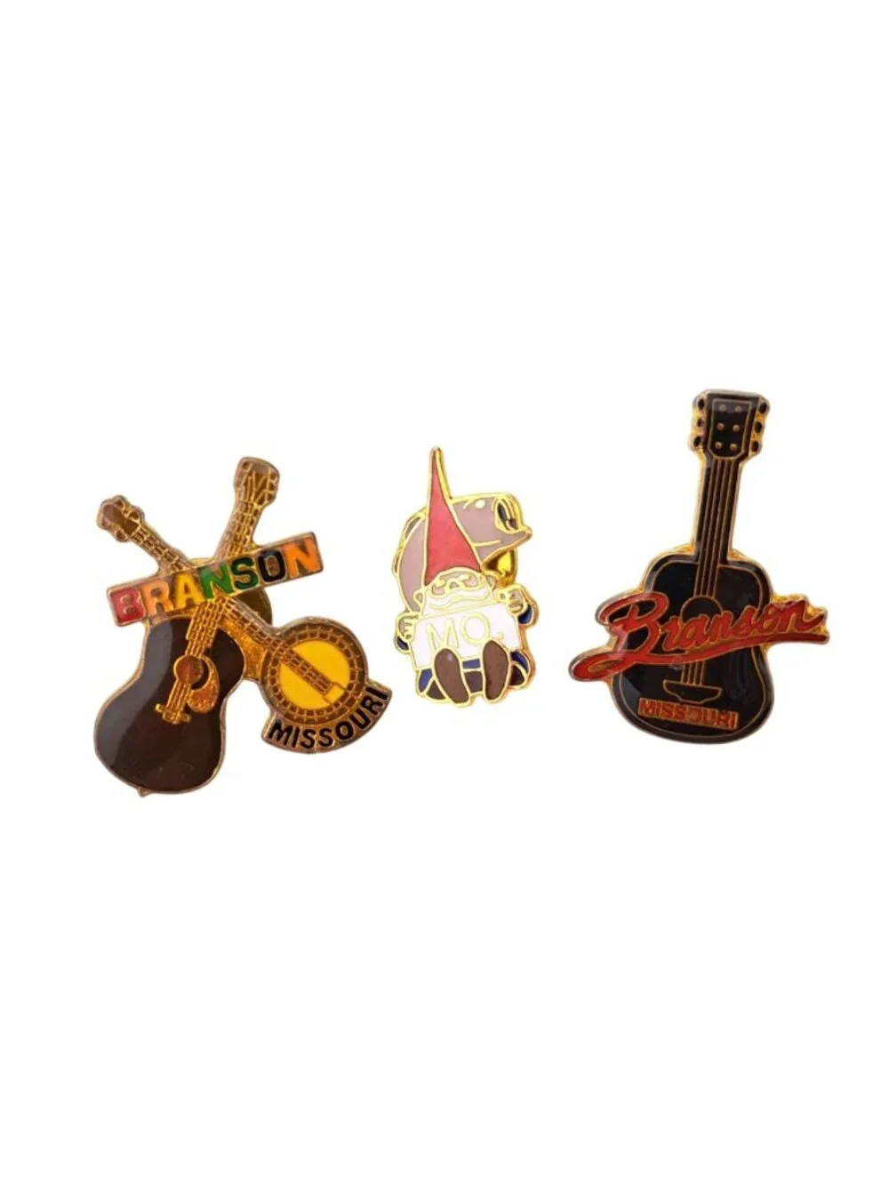 Vintage Branson Missouri Souvenir Lapel Pins Set Of 3 Guitar Gnome Banjo Fish